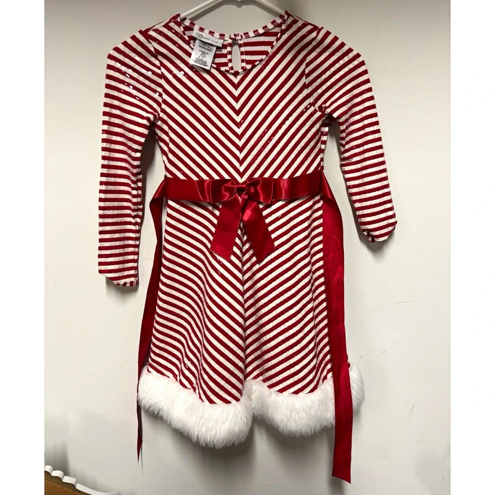 Bonnie Jean Girls Red White Striped Holiday Fit Flare Faux Fur Bow Dress 4